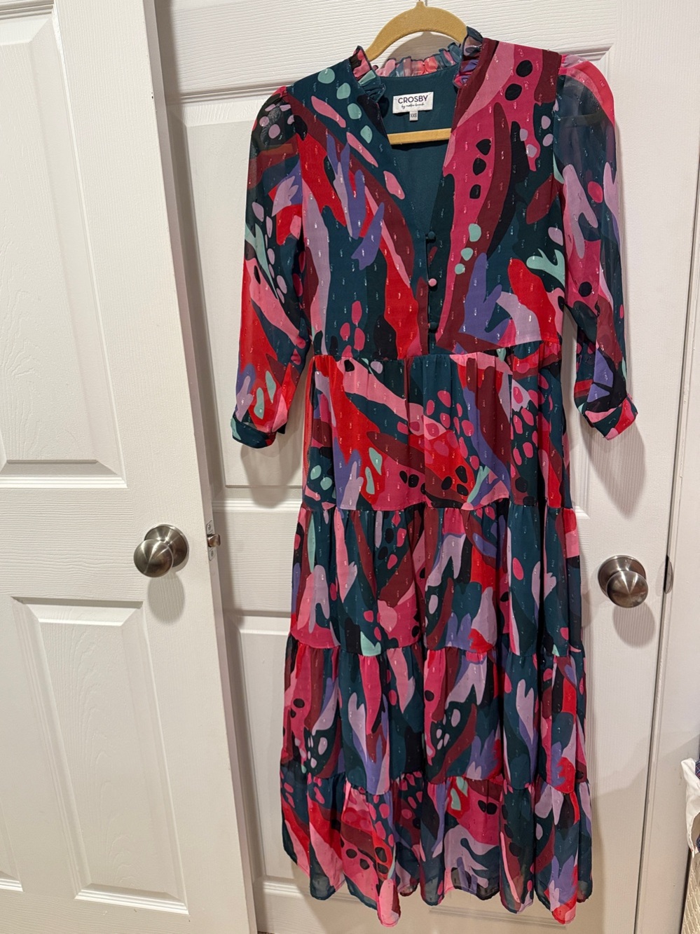 CROSBY by Molly Birch - Dark Teal Midi/Maxi Dress - Pink & Red Pattern - XXS